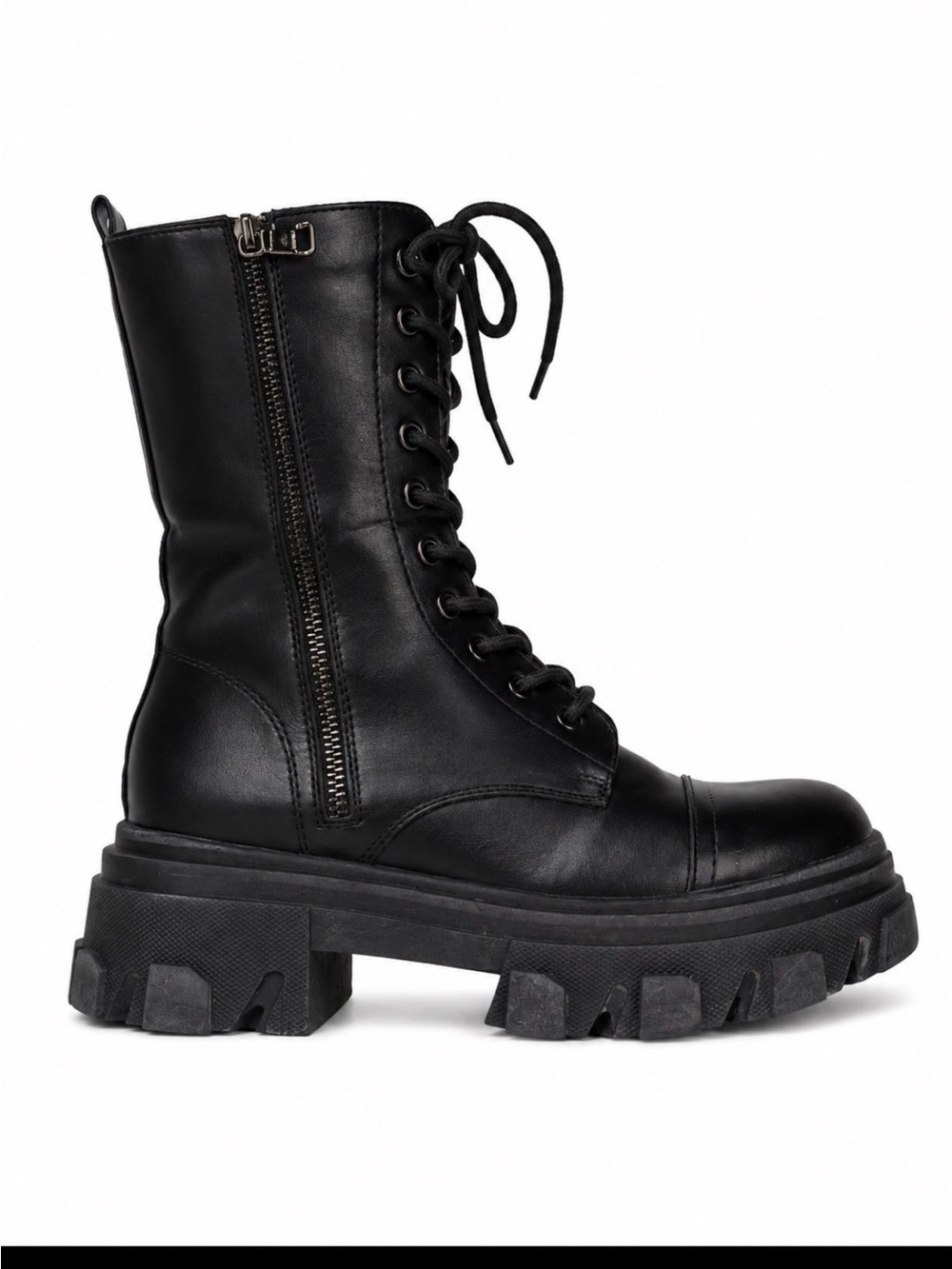 Chunky Black Combat Boot lace up side zip Military SZ 5 faux leather lug sole